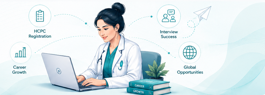 Healthcare professional exploring HCPC registration, interviews, career growth and global opportunities